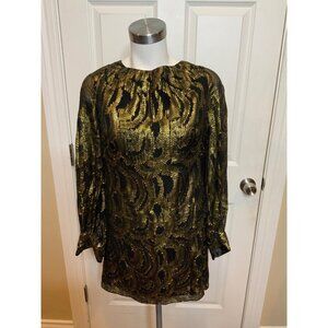 Milly Black Gold Swirl Long Sleeve Tie Back Mini Dress, Size 8